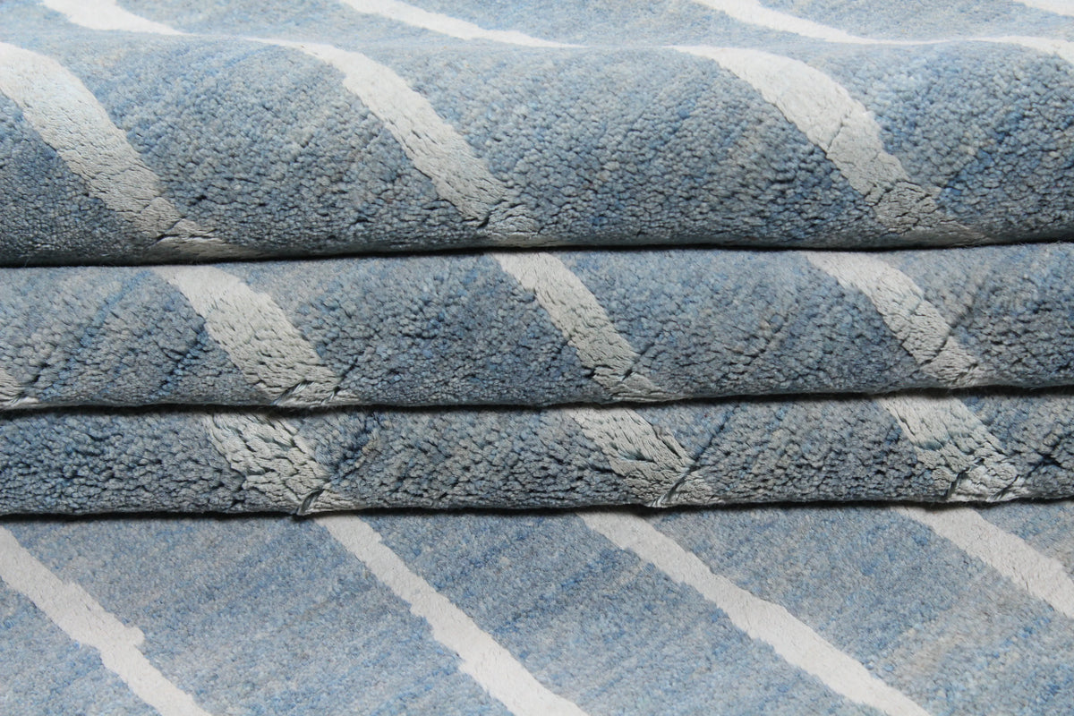 Blue-Gray Wool Rug with Light Lengthwise Stripes, 303 × 237 cm, view 4.