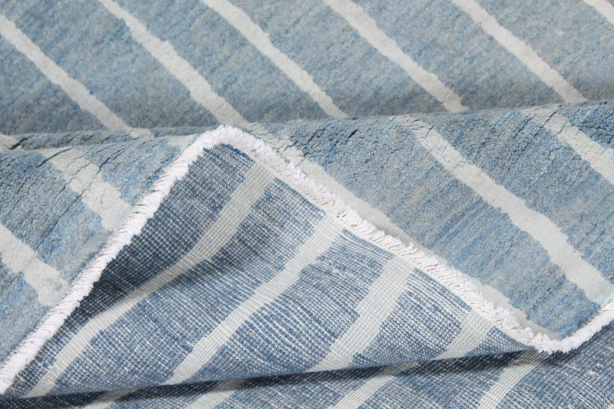Blue-Gray Wool Rug with Light Lengthwise Stripes, 303 × 237 cm, view 5.