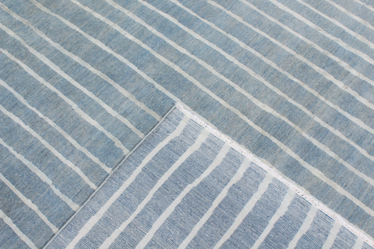Blue-Gray Wool Rug with Light Lengthwise Stripes, 303 × 237 cm, view 8.