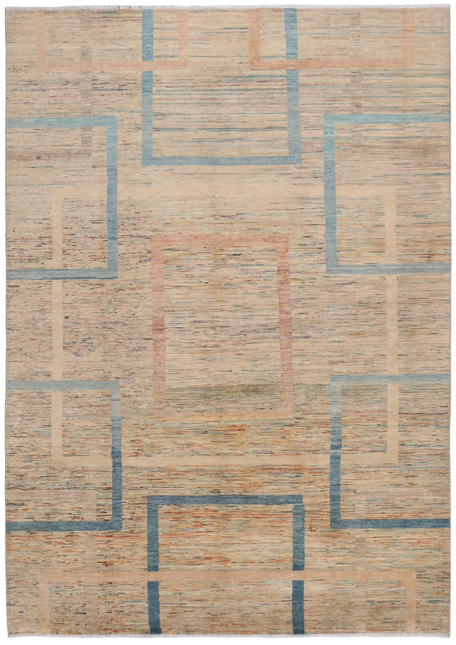 Modern Sand & Blue Wool Rug with Rectangles, 350 × 250 cm, overall view.