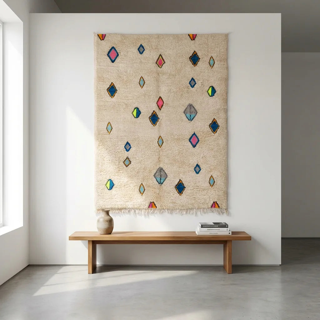 Azilal wool rug, cream ground with scattered small multicolored diamonds, product view 2