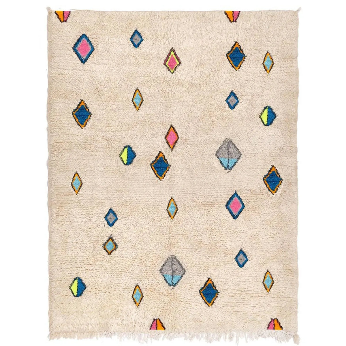 Front view of Azilal wool rug, cream ground with scattered small multicolored diamonds