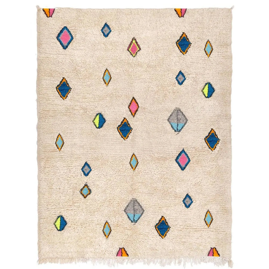 Front view of Azilal wool rug, cream ground with scattered small multicolored diamonds