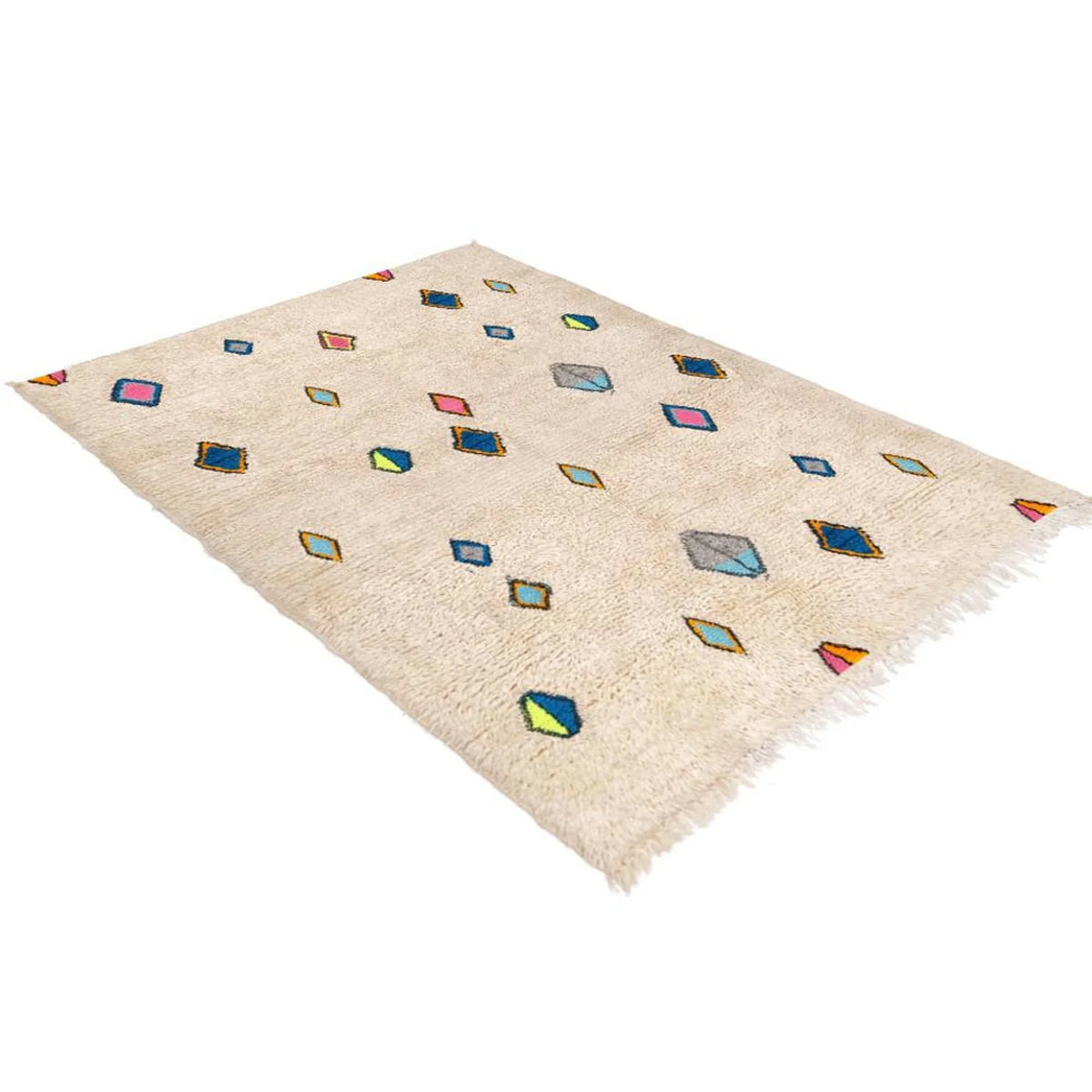 Azilal wool rug, cream ground with scattered small multicolored diamonds, product view 3