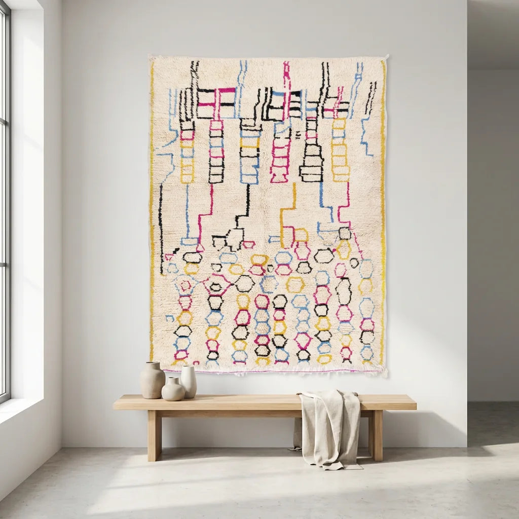 Azilal wool rug, cream ground with rows of colorful geometric symbols, product view 2