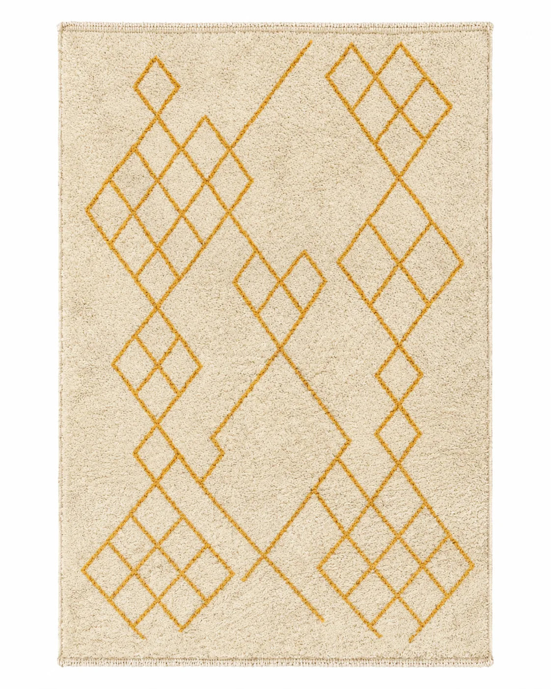 Front view of Mrirt wool rug, saffron yellow diamond motifs