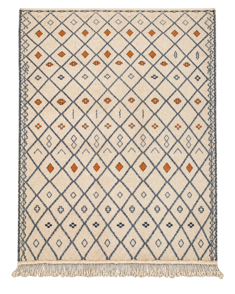 Natural White Beni Ourain Rug with Diamonds and Ochre Accents, 465 × 372 cm.