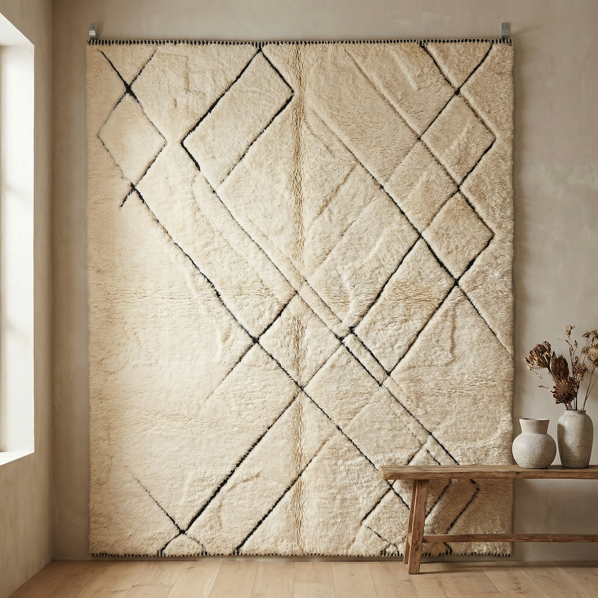 Detail of Beni Ourain wool rug, freely arranged black lines on a cream wool ground
