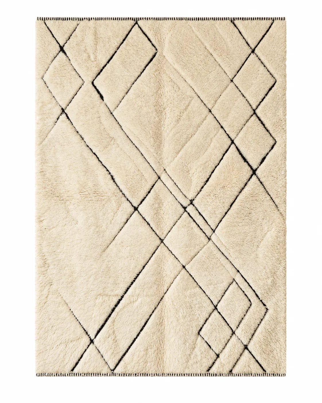Front view of Beni Ourain wool rug, freely arranged black lines on a cream wool ground