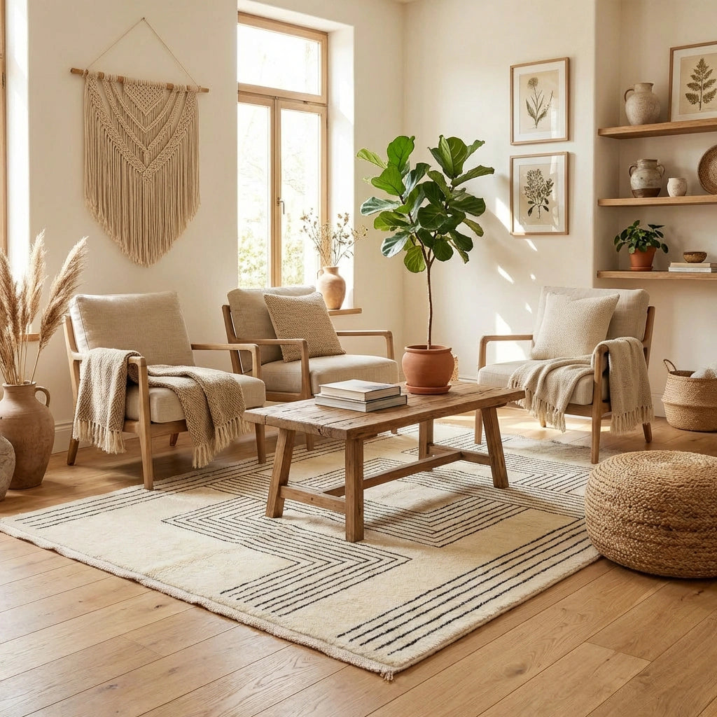 Beni Ourain wool rug, cream wool ground with irregular labyrinth lines in a living room setting