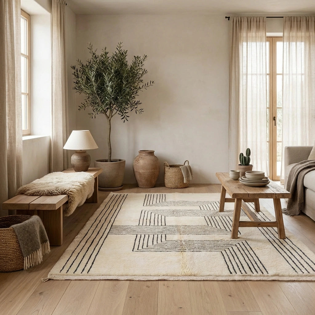 Beni Ourain wool rug, cream wool ground with irregular labyrinth lines in a living room setting