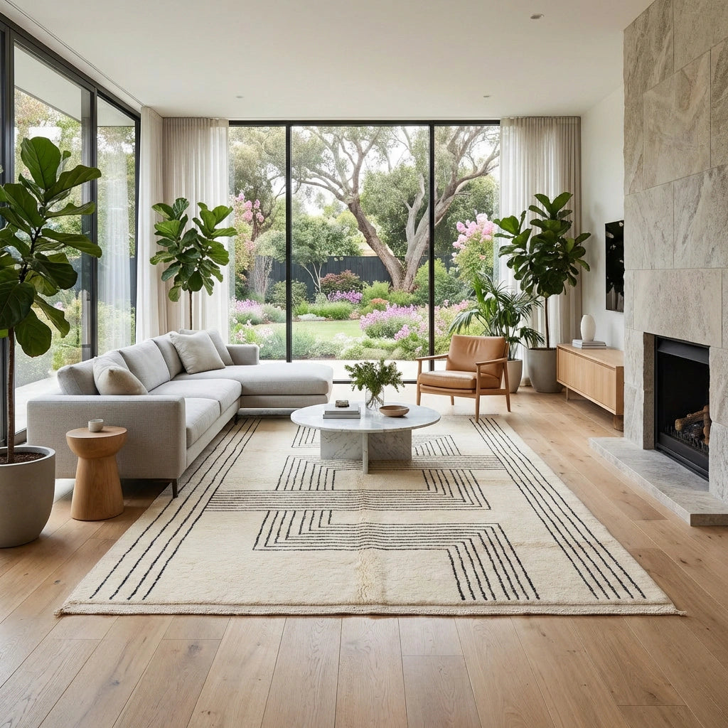 Beni Ourain wool rug, cream wool ground with irregular labyrinth lines in a living room setting