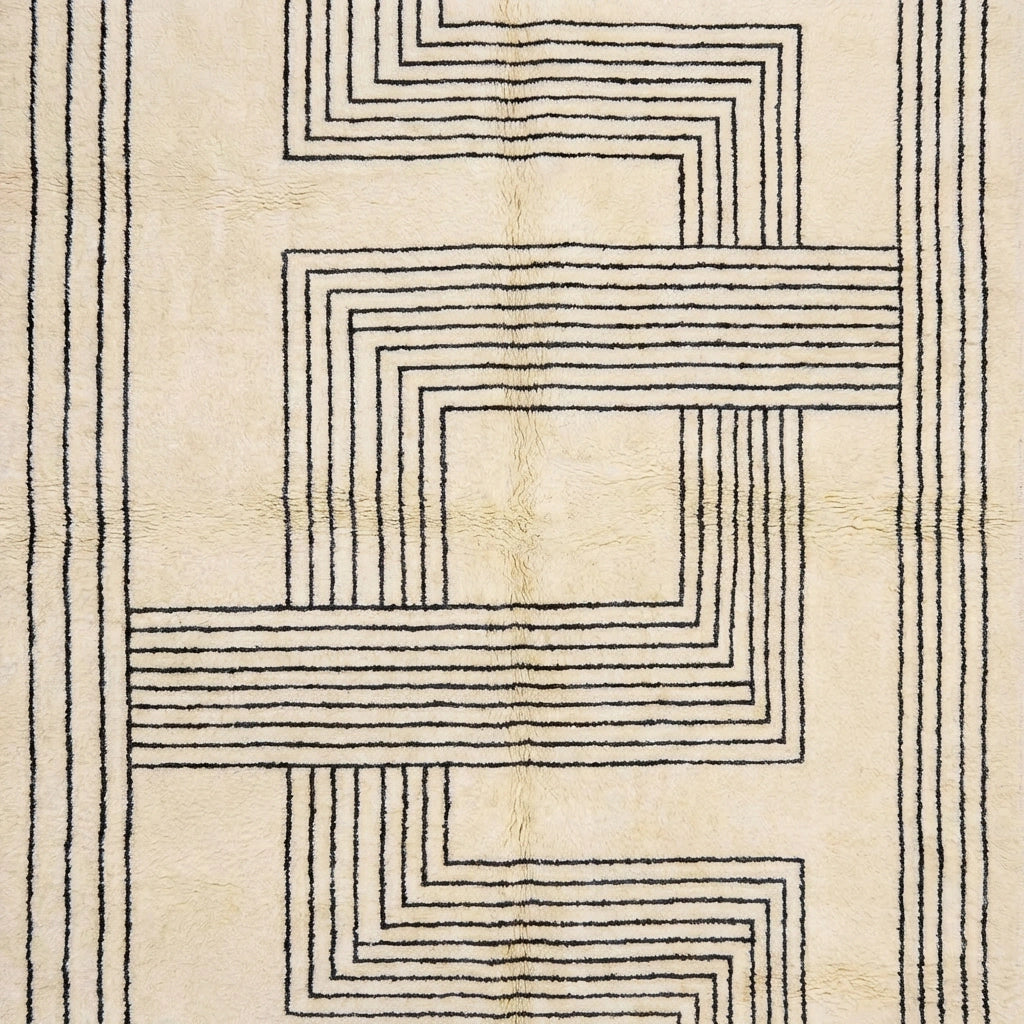 Detail of Beni Ourain wool rug, cream wool ground with irregular labyrinth lines