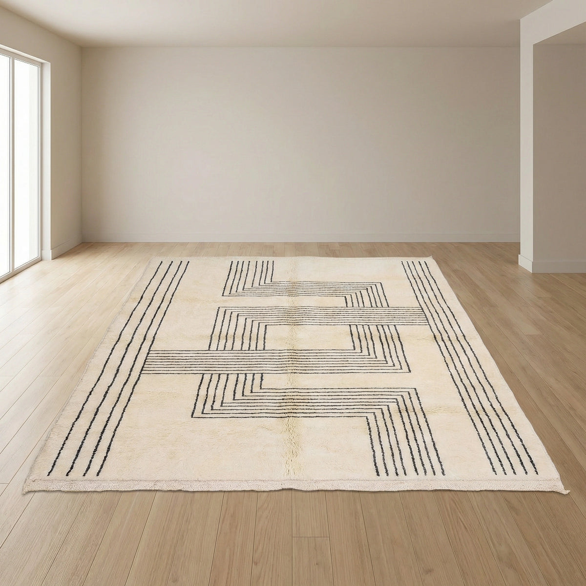 Beni Ourain wool rug, cream wool ground with irregular labyrinth lines, product view 2