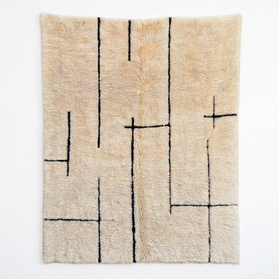 Front view of Beni Ourain wool rug, cream wool ground with an irregular maze pattern