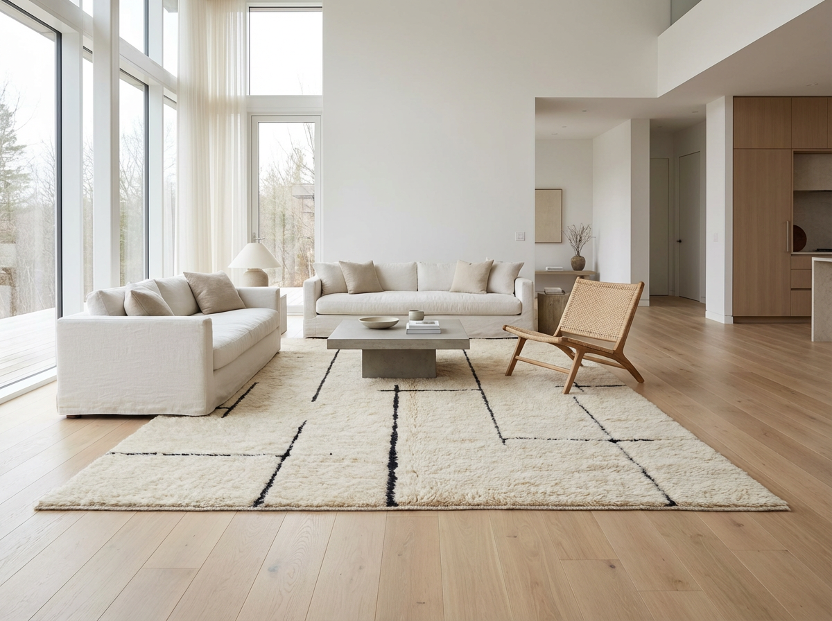 Beni Ourain wool rug, cream wool ground with an irregular maze pattern in a living room setting