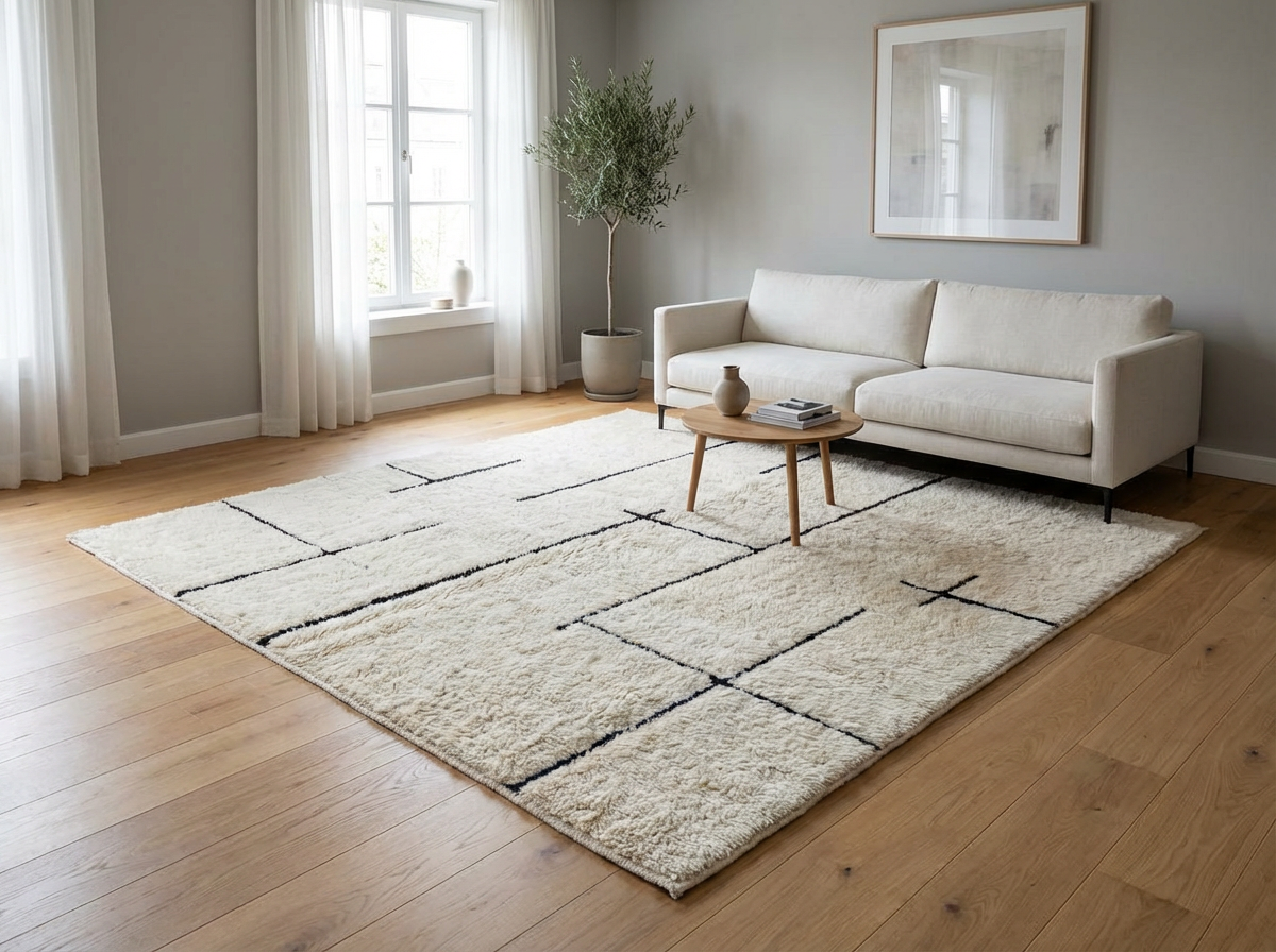 Beni Ourain wool rug, cream wool ground with an irregular maze pattern in a living room setting