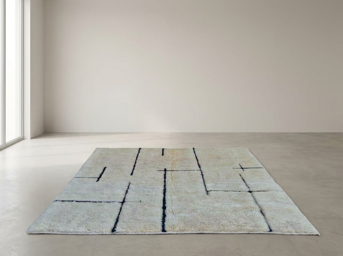 Beni Ourain wool rug, cream wool ground with an irregular maze pattern, product view 2