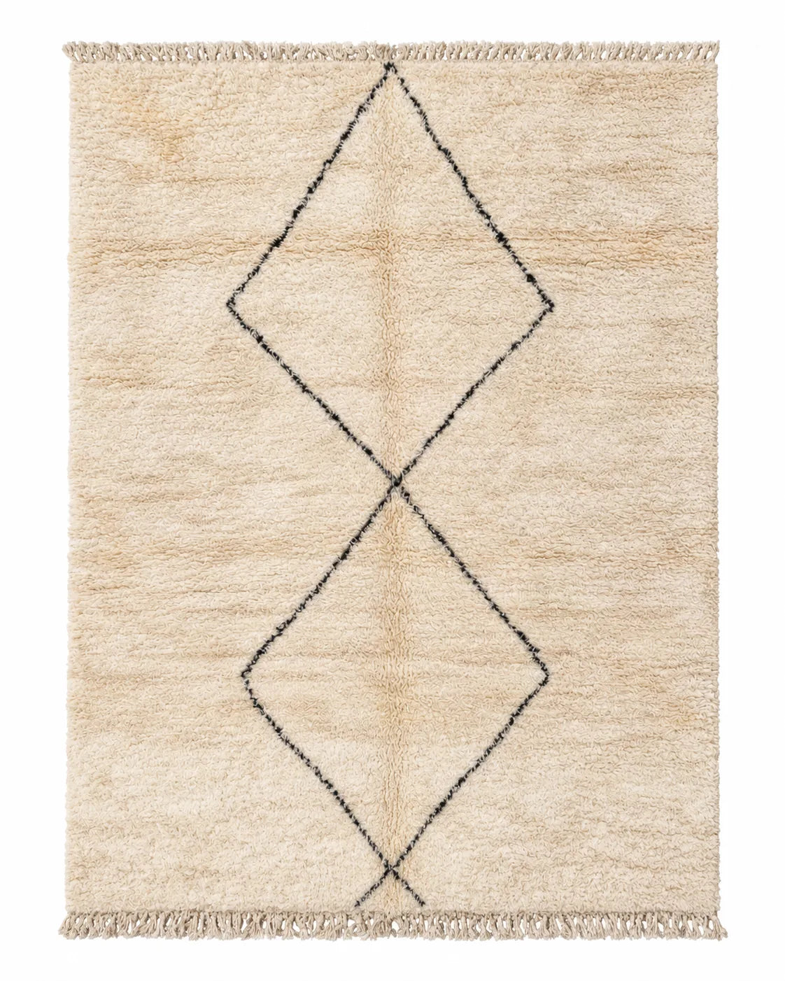 Front view of Beni Ourain wool rug, large open diamond shapes on a cream wool ground