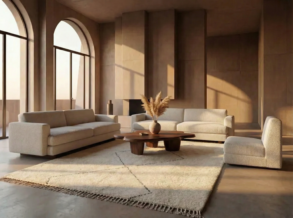 Beni Ourain wool rug, large open diamond shapes on a cream wool ground in a living room setting