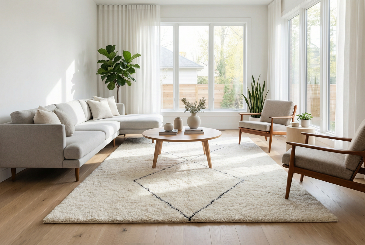 Beni Ourain wool rug, large open diamond shapes on a cream wool ground in a living room setting