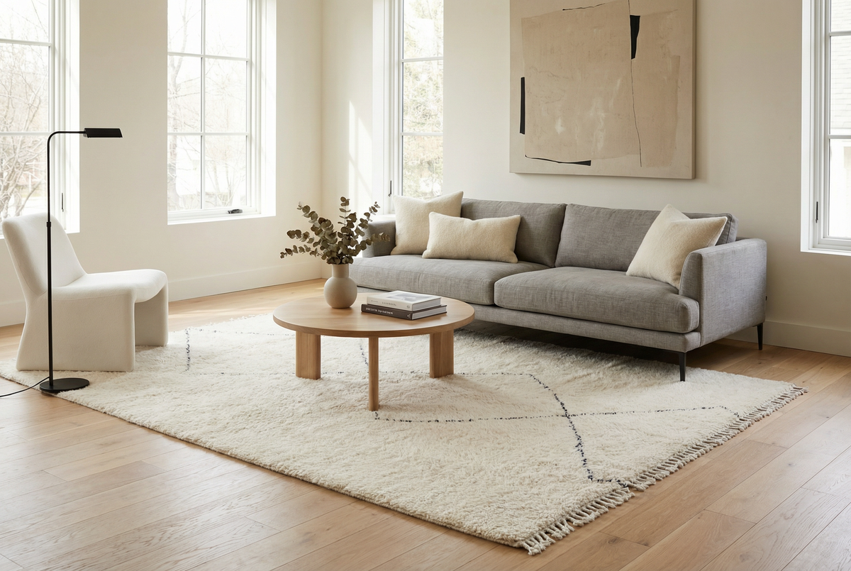 Beni Ourain wool rug, large open diamond shapes on a cream wool ground in a living room setting