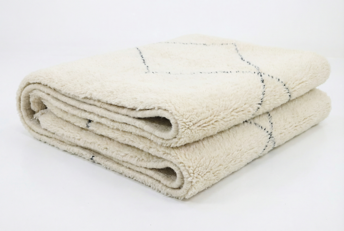 Beni Ourain wool rug, large open diamond shapes on a cream wool ground, product view 2