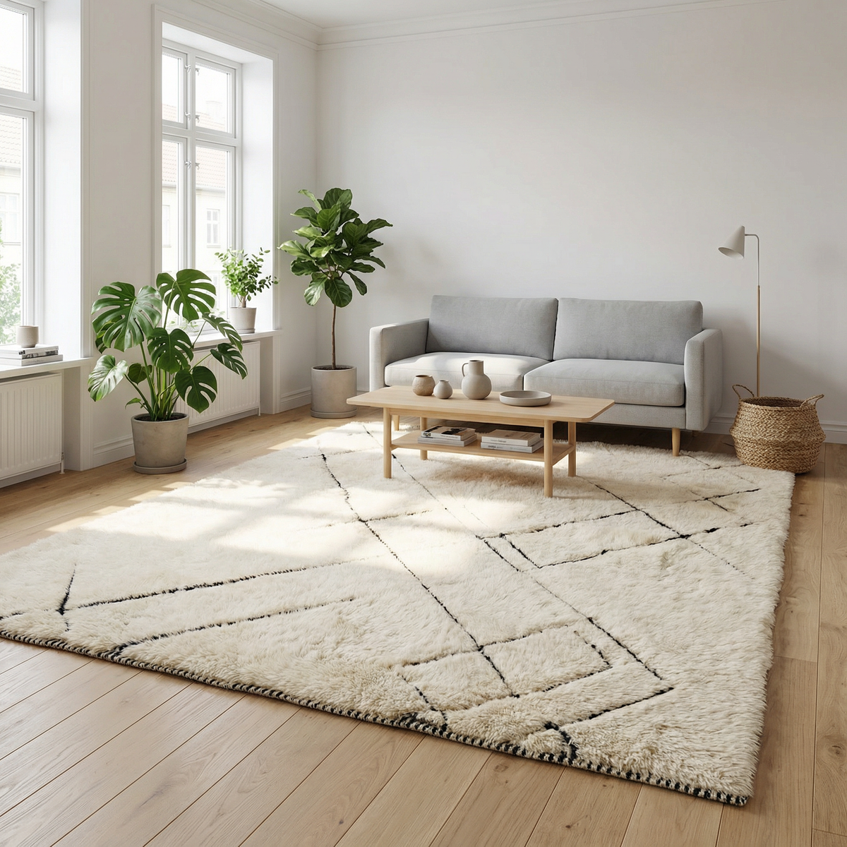 Beni Ourain wool rug, freely arranged black lines on a cream wool ground in a living room setting