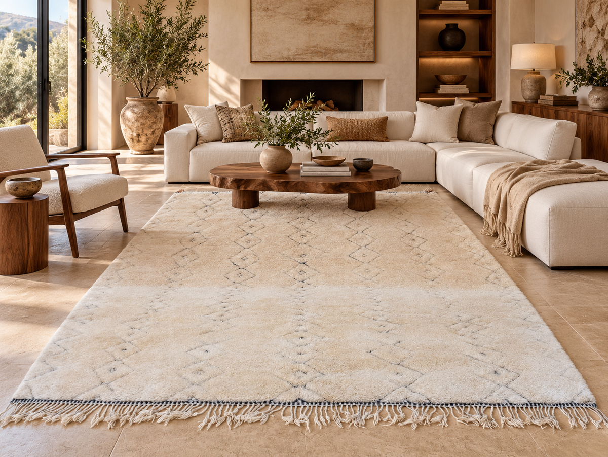 Room visualization featuring Beige Beni Ourain Wool Rug with Diamonds, 415 × 275 cm.