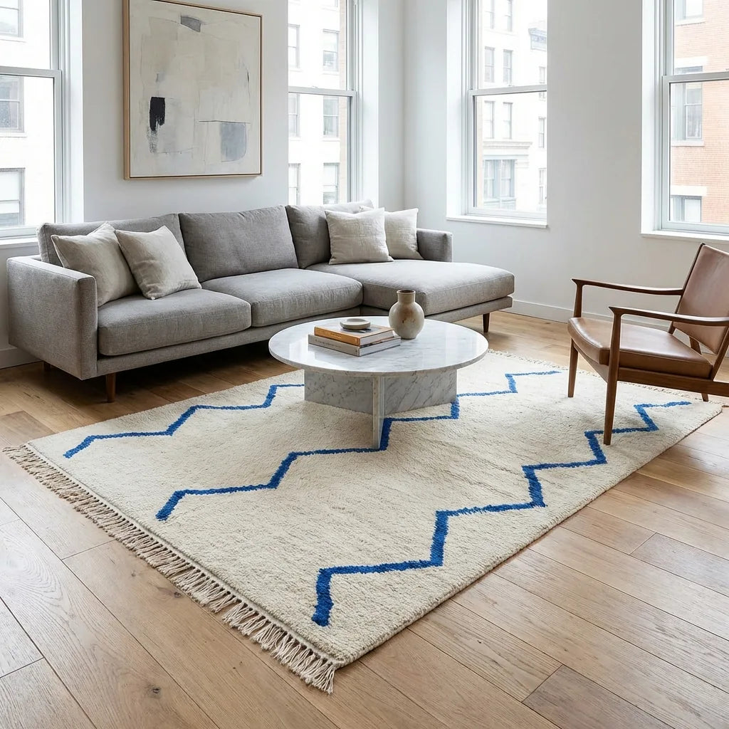 Beni Ourain wool rug, cream ground with blue and ochre zigzag lines, product view 3