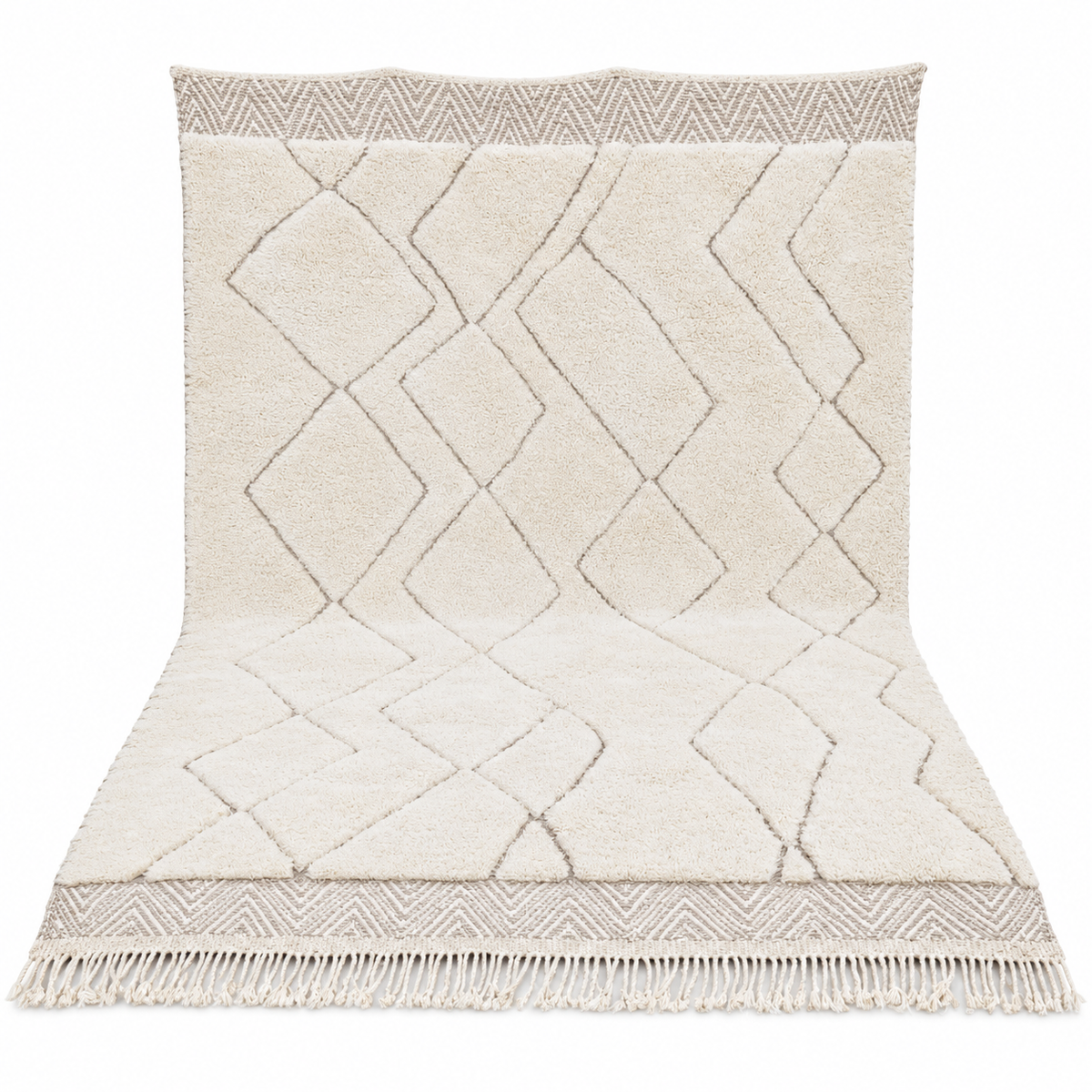 Cream Beni Ourain Rug with Diamonds and Zigzag Border, 345 × 245 cm.