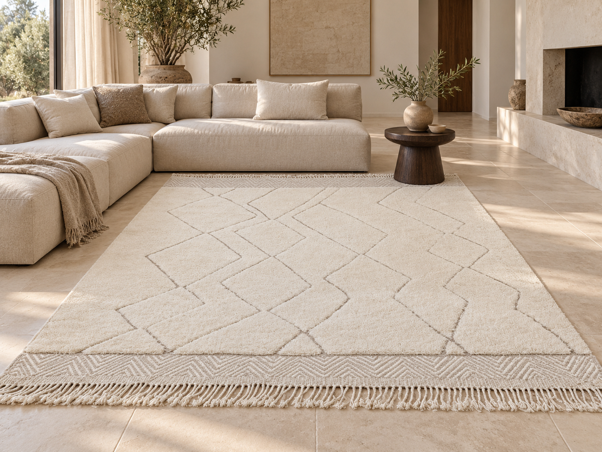 Room visualization featuring Cream Beni Ourain Rug with Diamonds and Zigzag Border, 345 × 245 cm.