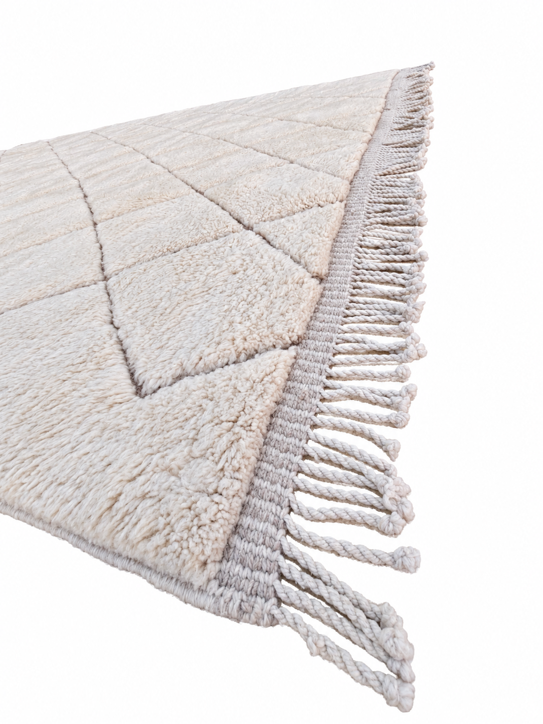 Detail of Cream Beni Ourain Rug with Taupe Diamonds, approx. 351 × 253 cm.