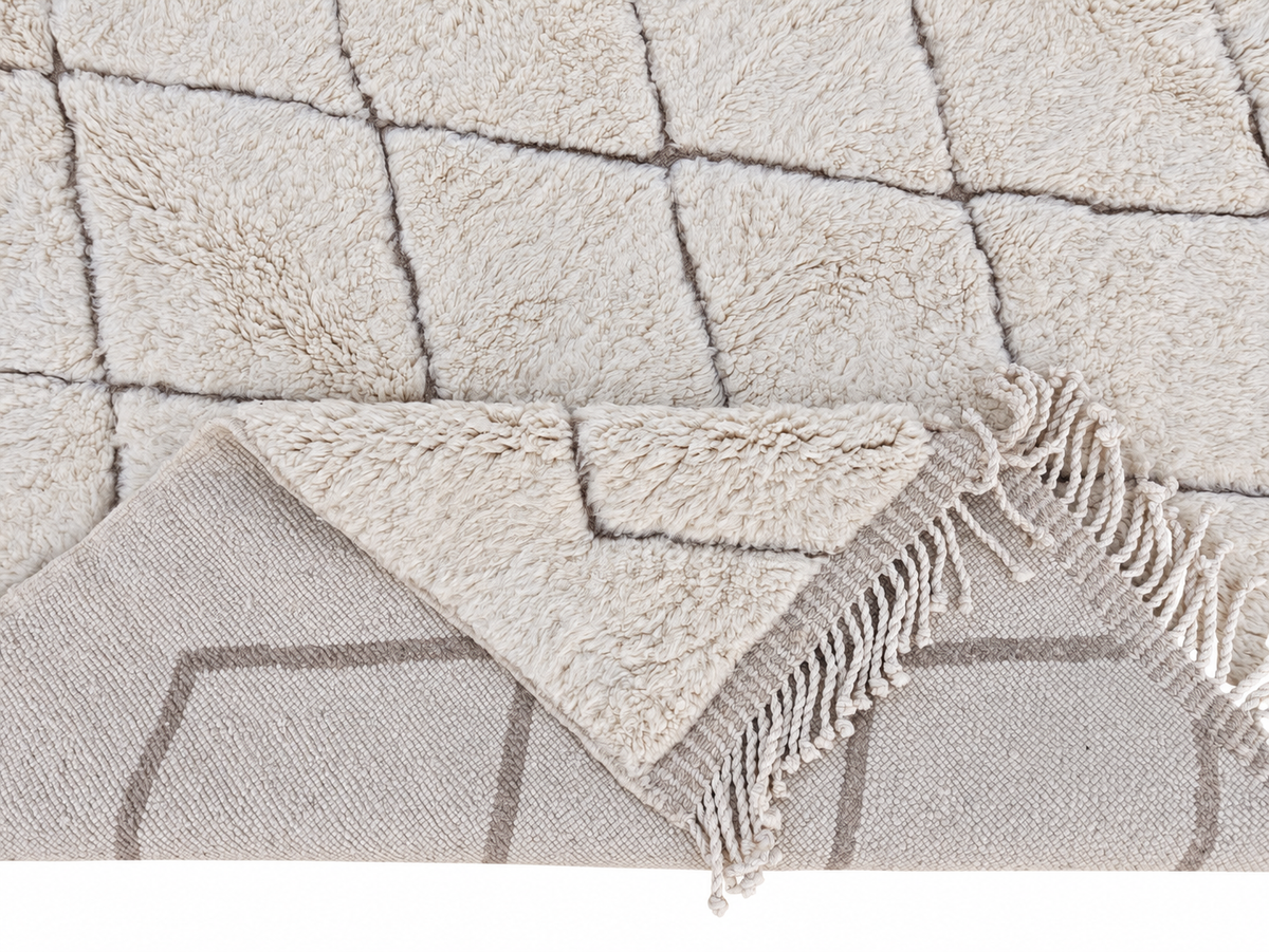 Detail of Cream Beni Ourain Rug with Taupe Diamonds, approx. 351 × 253 cm.
