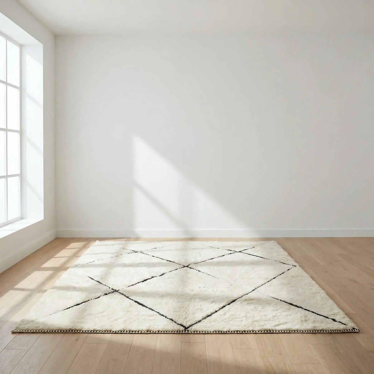 Beni Ourain wool rug, cream ground with a large black diamond lattice, product view 2