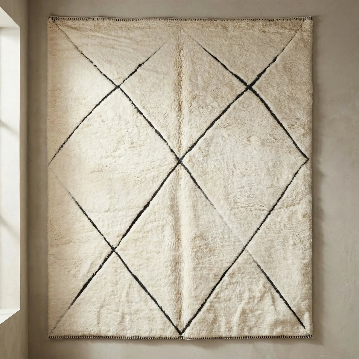 Beni Ourain wool rug, cream ground with a large black diamond lattice, product view 3