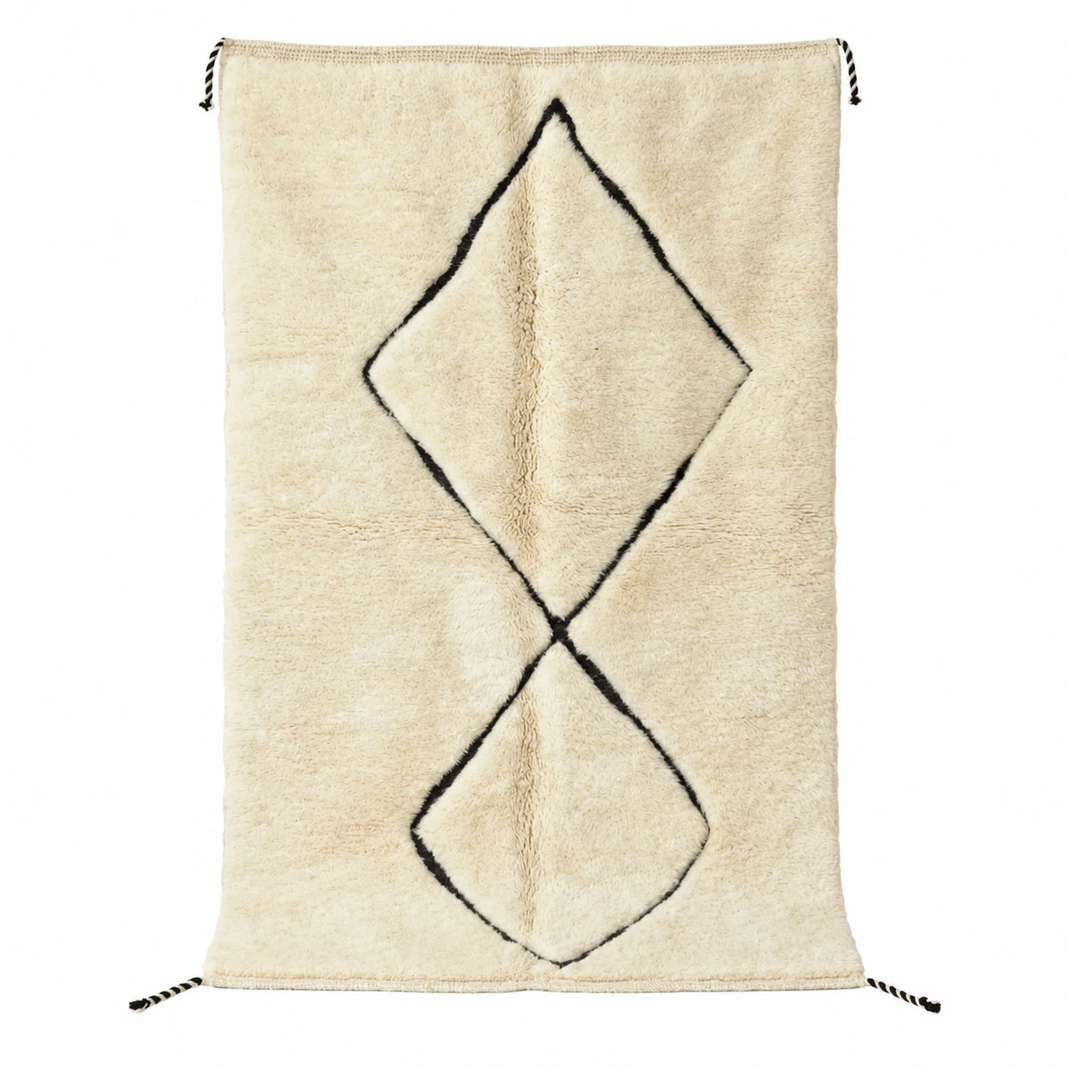 Front view of Beni Ourain wool rug, cream ground with two black diamonds