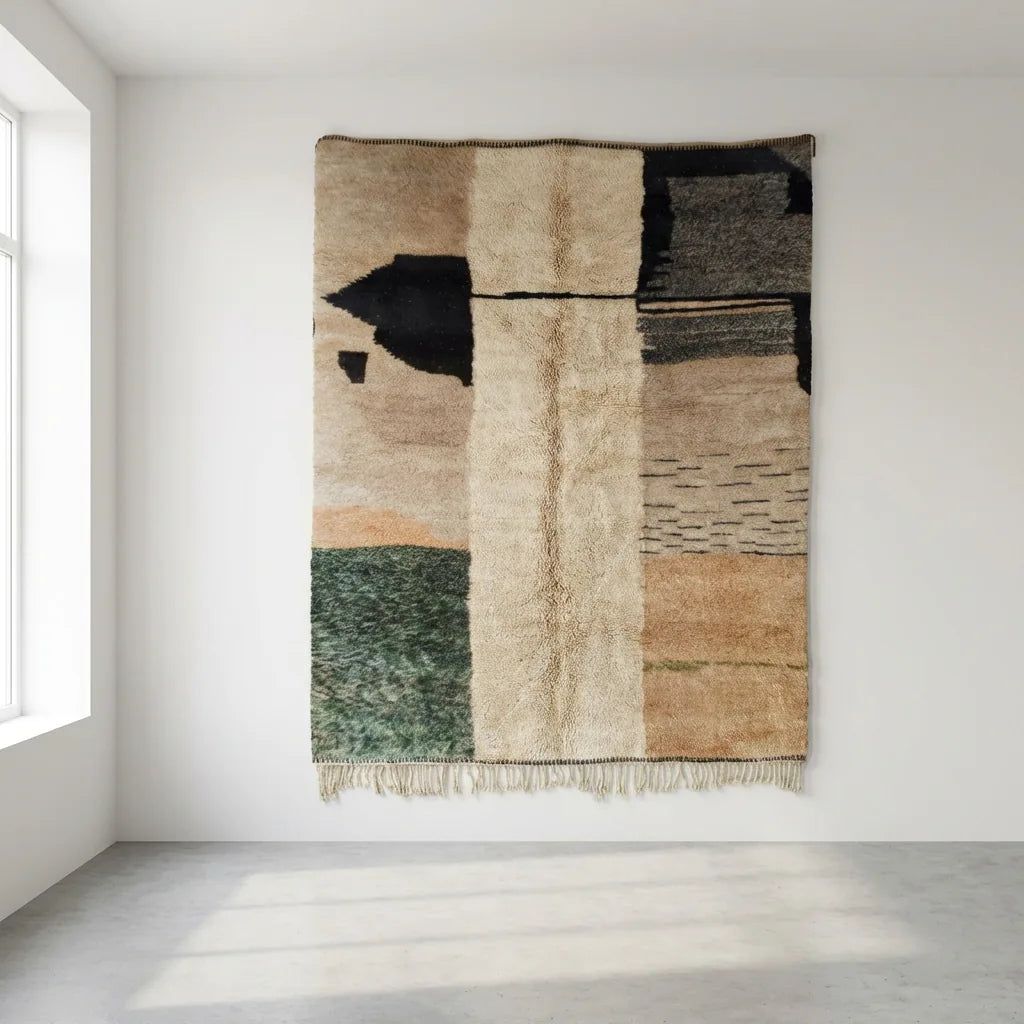 Beni Ourain wool rug, beige ground with black and olive green color blocks, product view 2