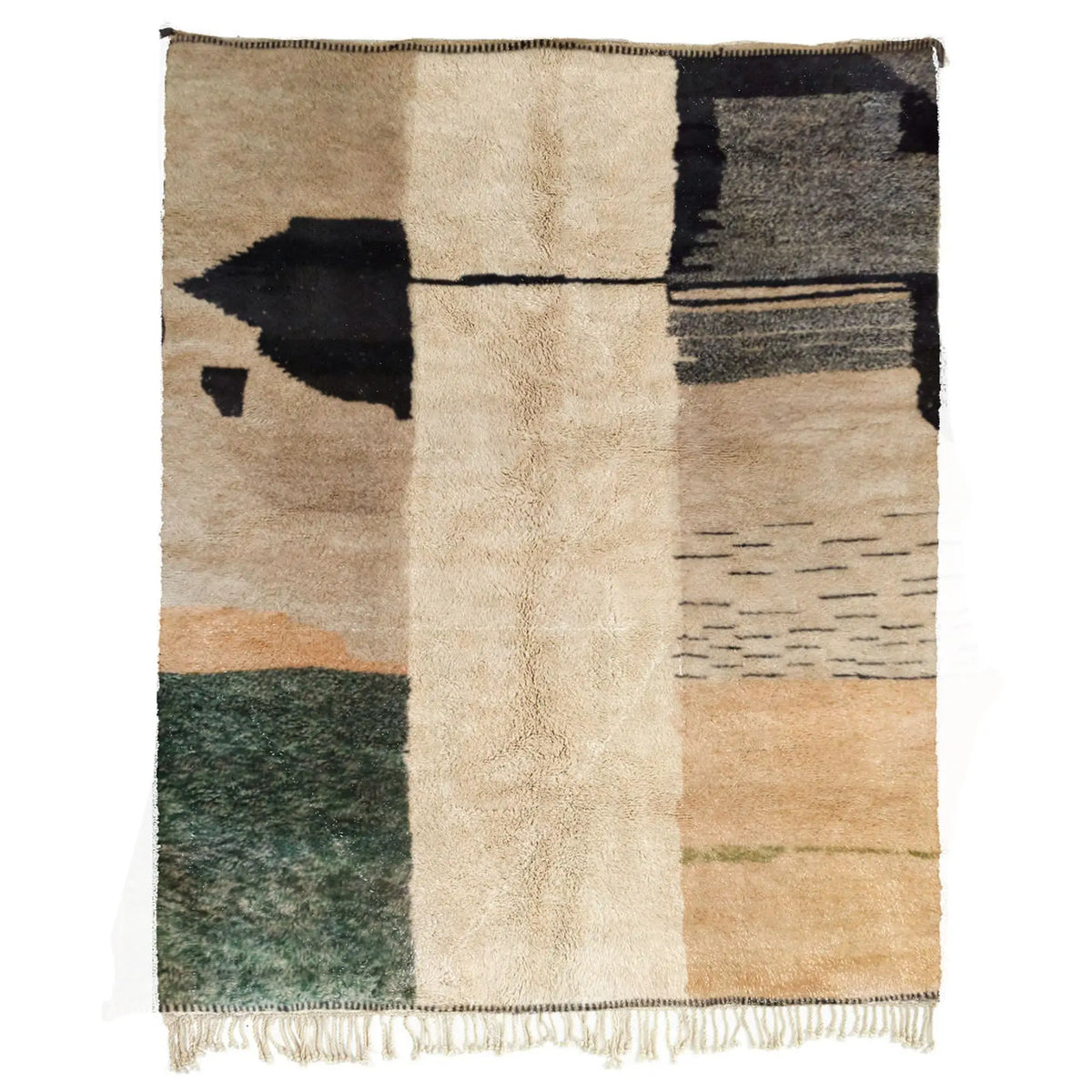 Front view of Beni Ourain wool rug, beige ground with black and olive green color blocks