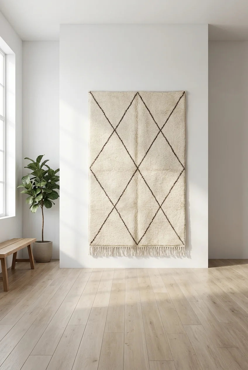 Beni Ourain wool rug, cream ground with several black diagonal lines, product view 2