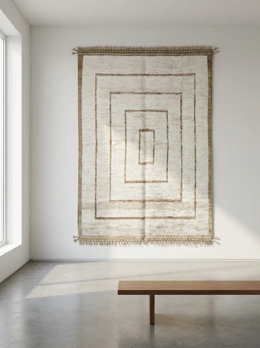 Beni Ourain wool rug, cream ground with nested brown rectangles, product view 2