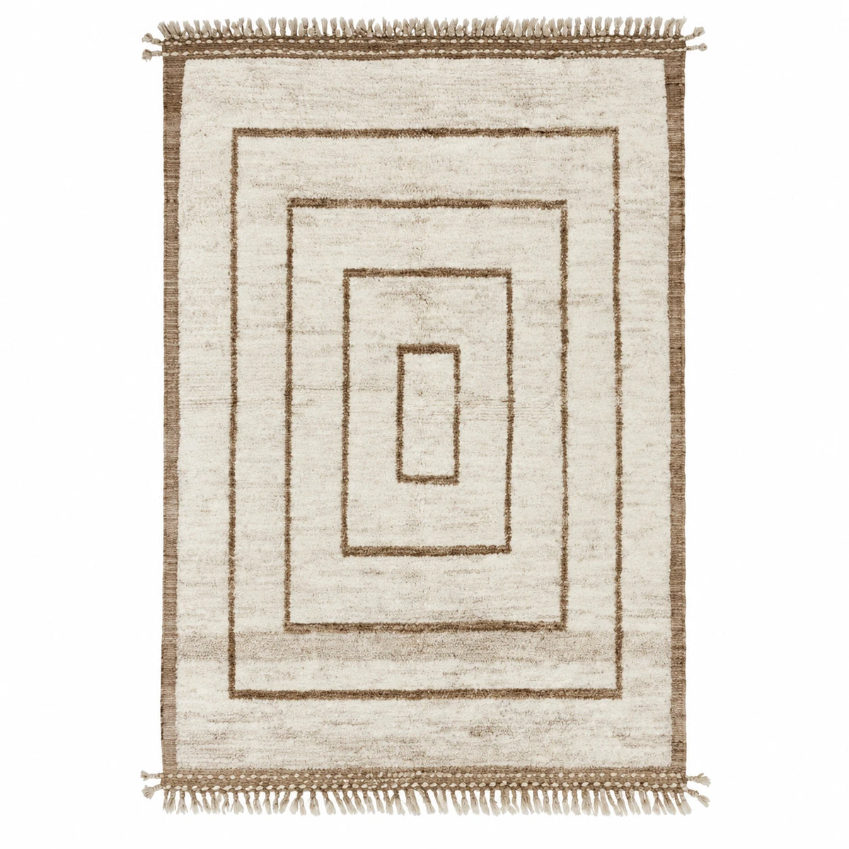 Front view of Beni Ourain wool rug, cream ground with nested brown rectangles