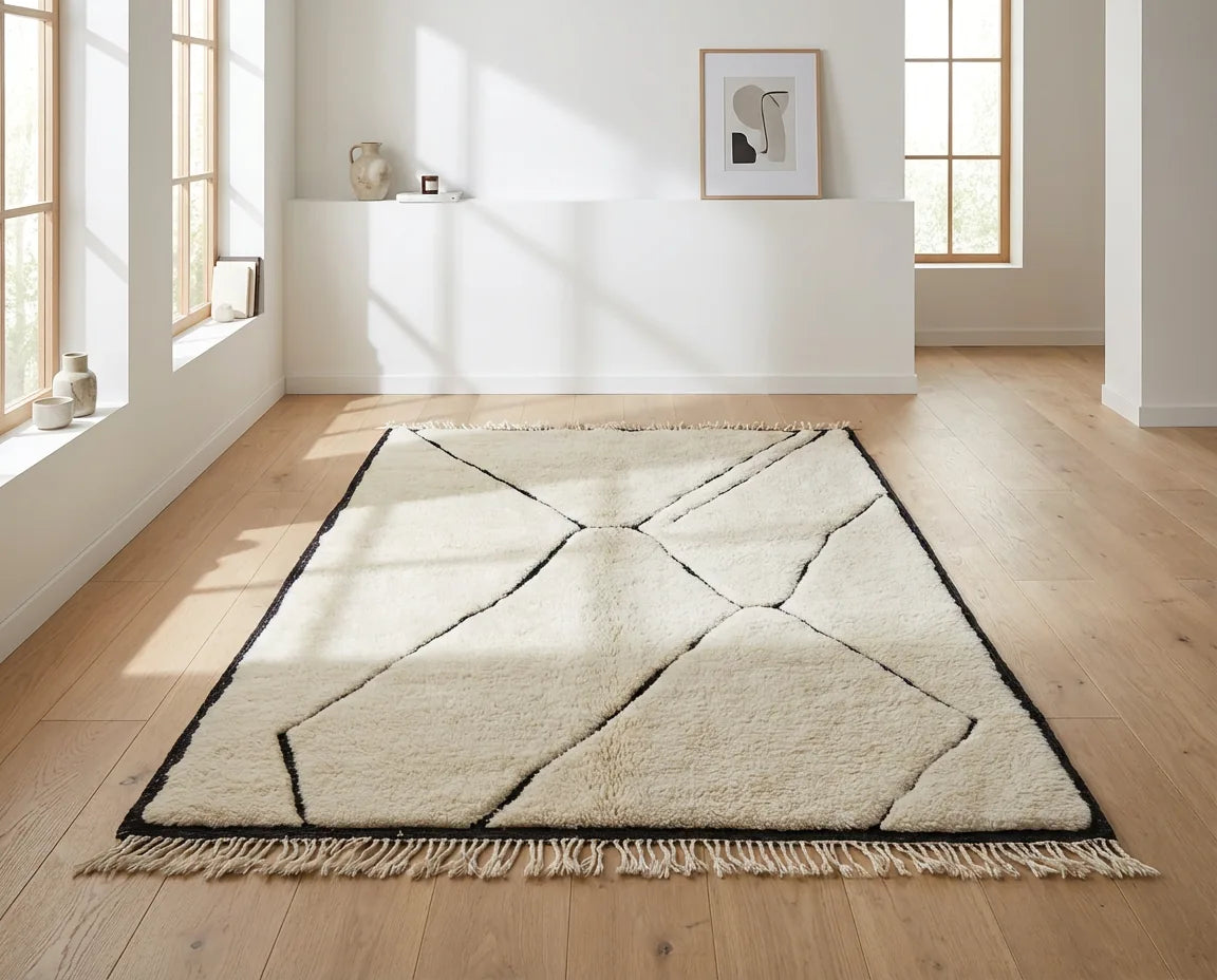 Beni Ourain wool rug, cream ground with bold free-flowing black lines, product view 2