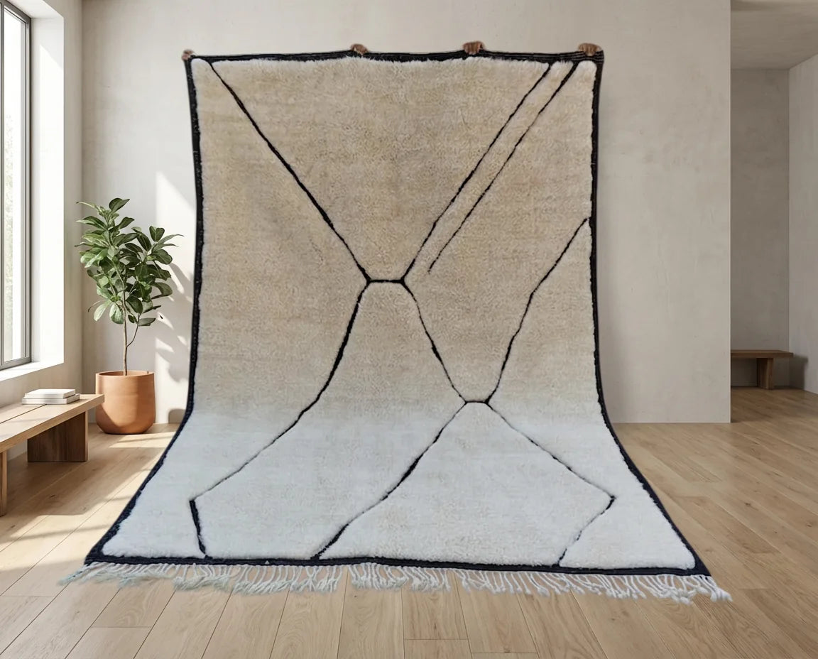 Beni Ourain wool rug, cream ground with bold free-flowing black lines, product view 4