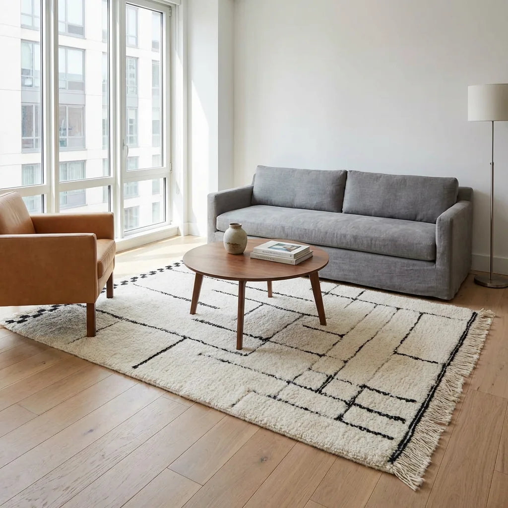 Beni Ourain wool rug, cream ground with asymmetrical black lines, product view 3