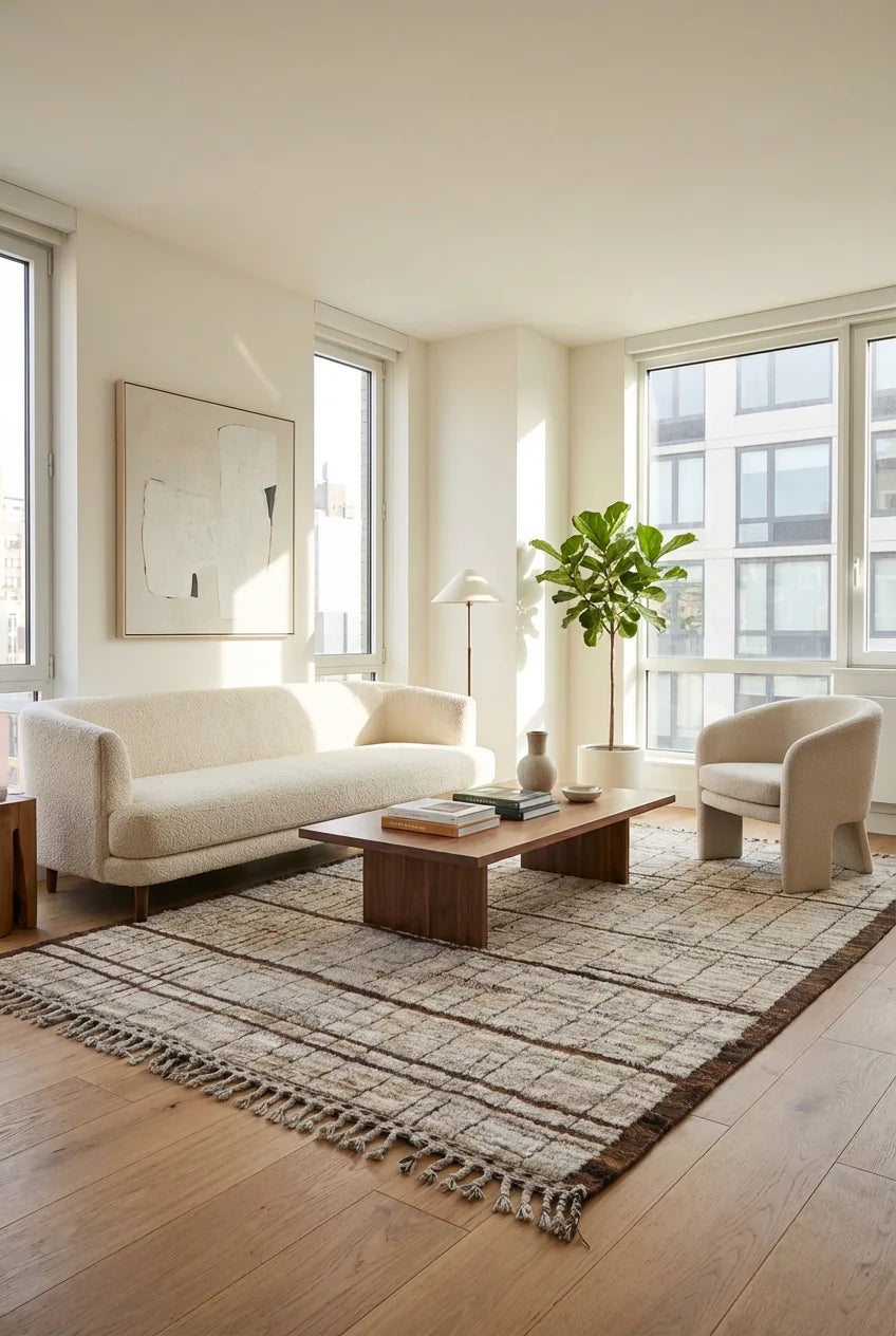 Beni Ourain wool rug, beige ground with a dense dark line grid, product view 3