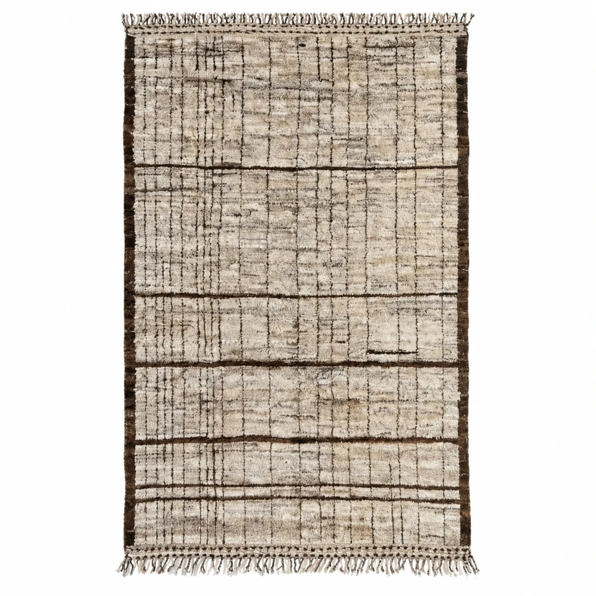 Front view of Beni Ourain wool rug, beige ground with a dense dark line grid
