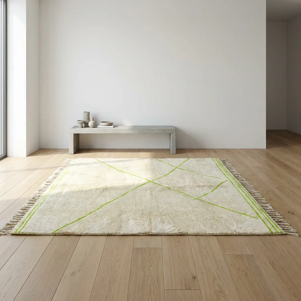 Beni Ourain wool rug, cream ground with light green diamonds and border lines, product view 2