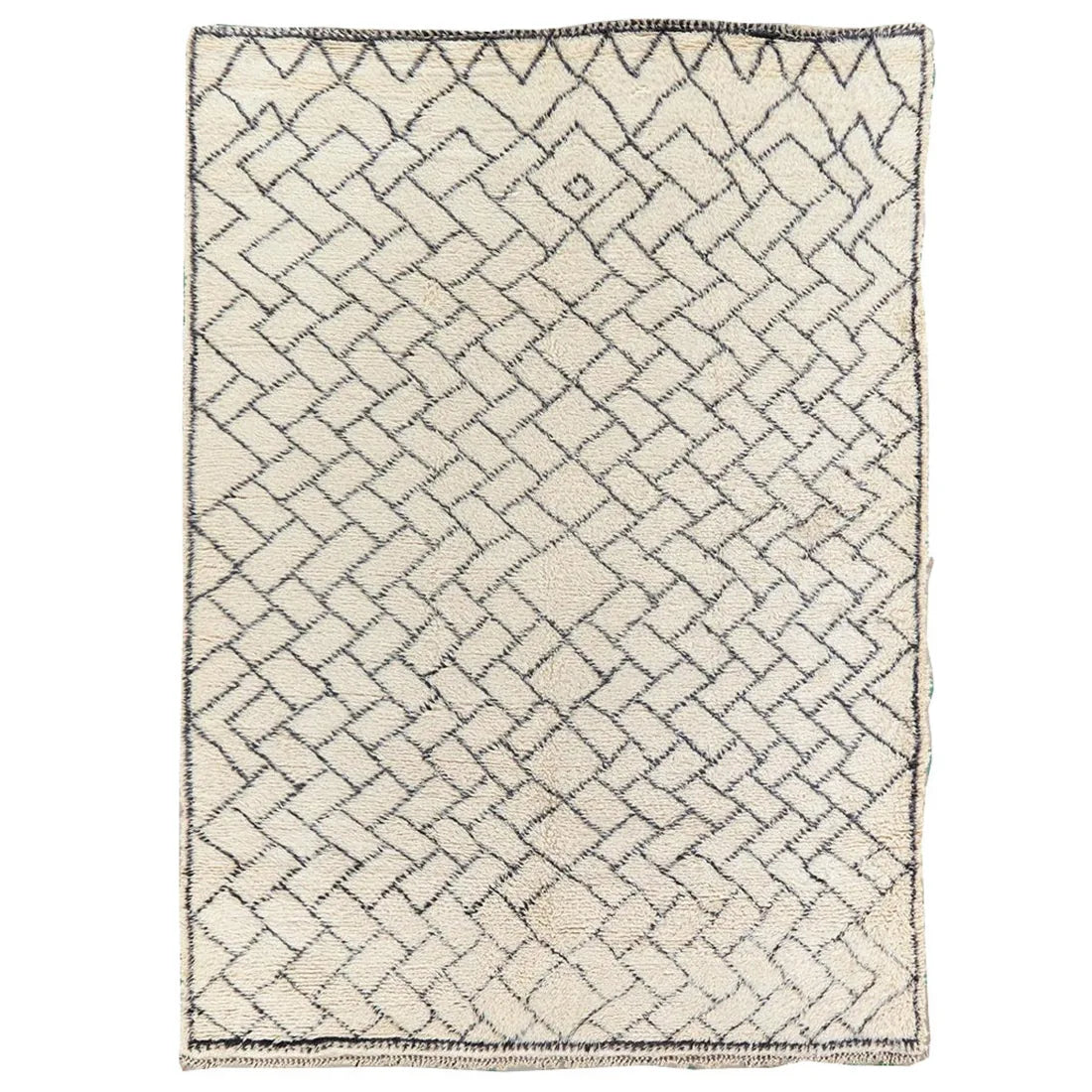 Front view of Beni Ourain wool rug, cream ground with a small black diamond lattice