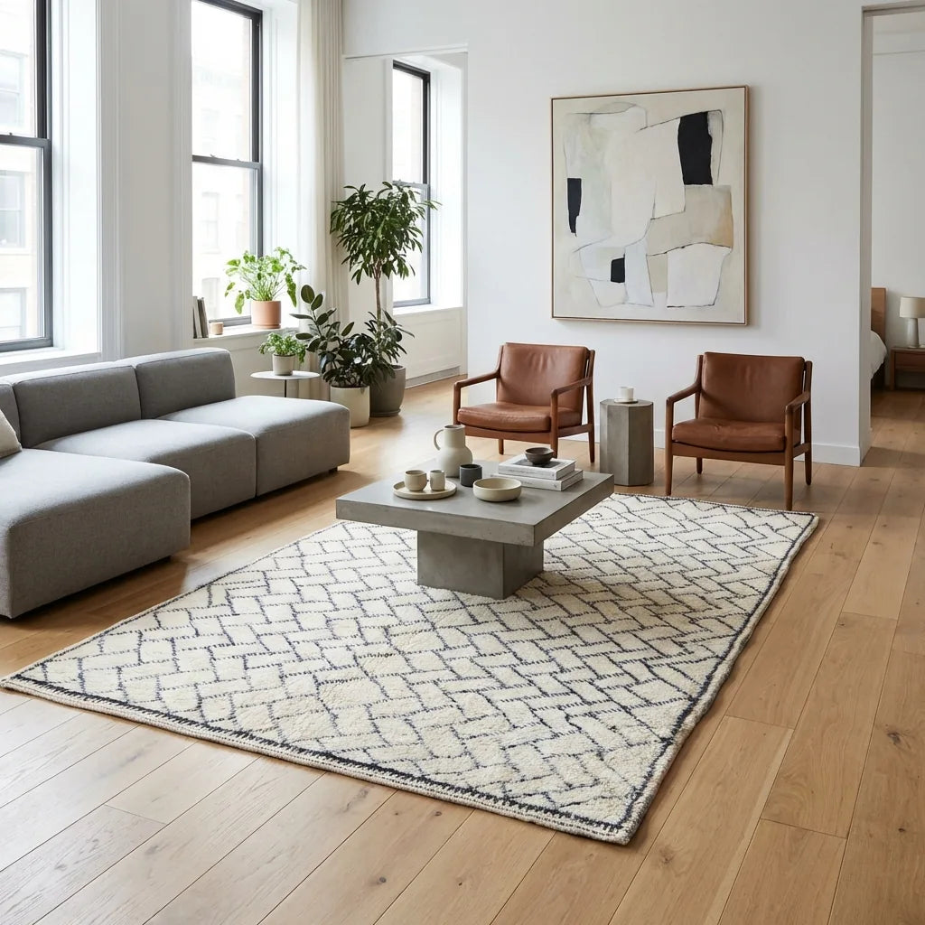 Beni Ourain wool rug, cream ground with a small black diamond lattice, product view 3
